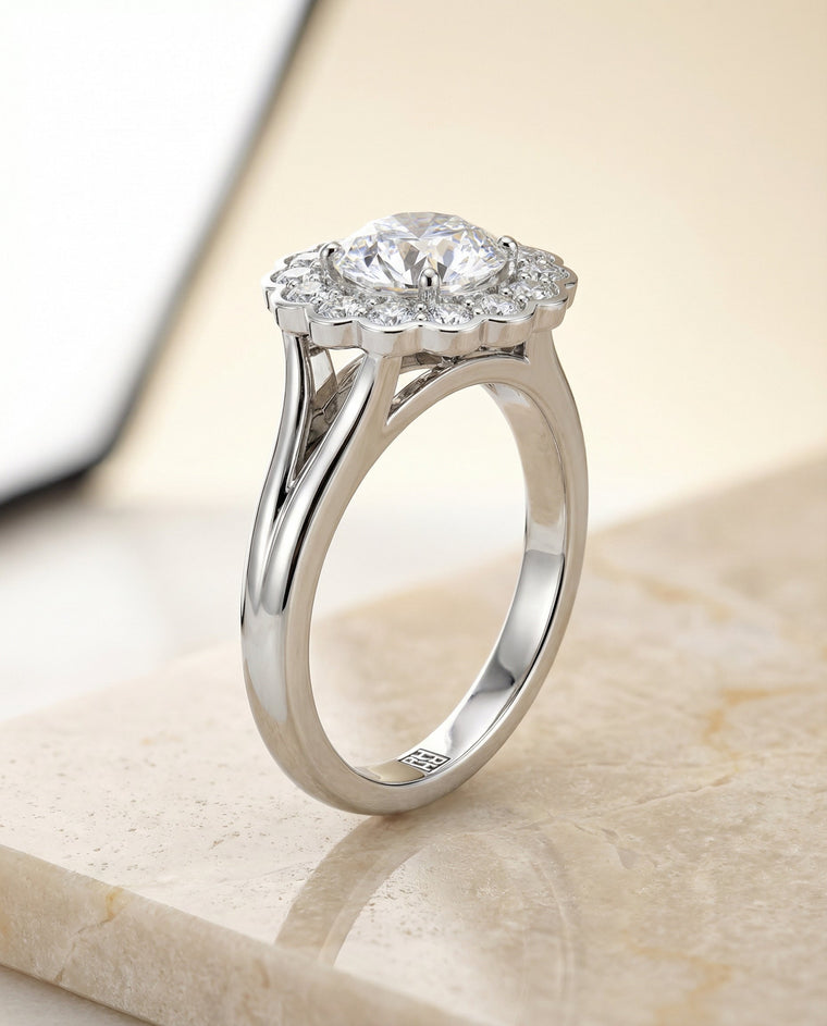 The Nera Select Pav Halo Split Shank Round Lab Diamond Engagement Ring in Platinum