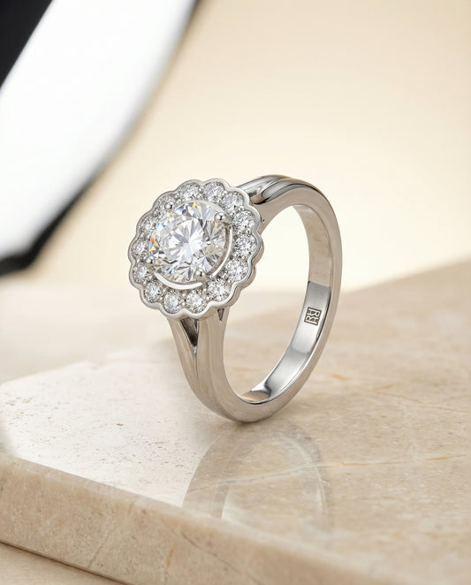 Floral Split Shank Halo Engagement Ring Setting in 18K White Gold