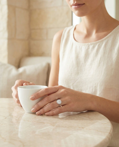 The Nera Select Pavé Halo Split Shank Solitaire Engagement Ring with Lab Diamond in 14K White Gold — view 7