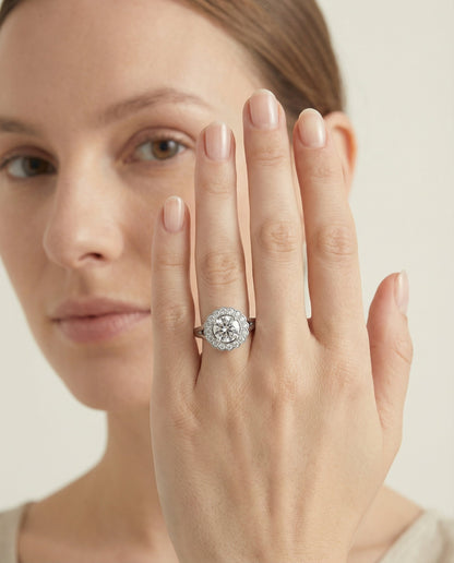Nera Select Floral Split Shank Halo Round Lab Diamond Engagement Ring in 14K White Gold, shown on hand | RockHer