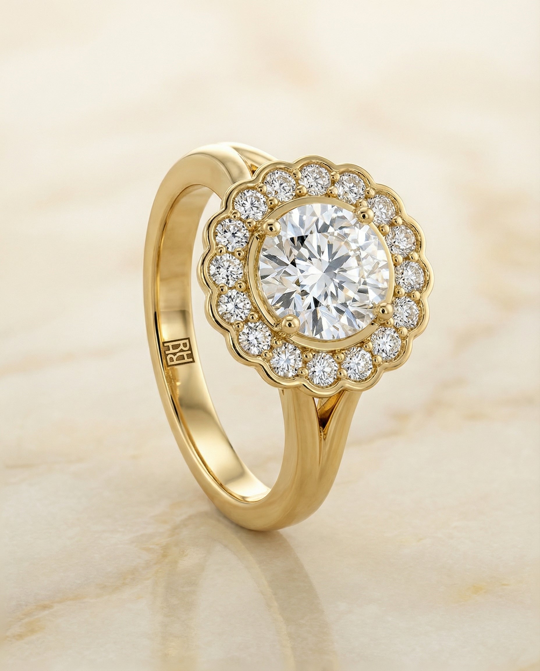 The Nera floral split shank halo engagement ring setting, shown in 18K Yellow Gold | RockHer