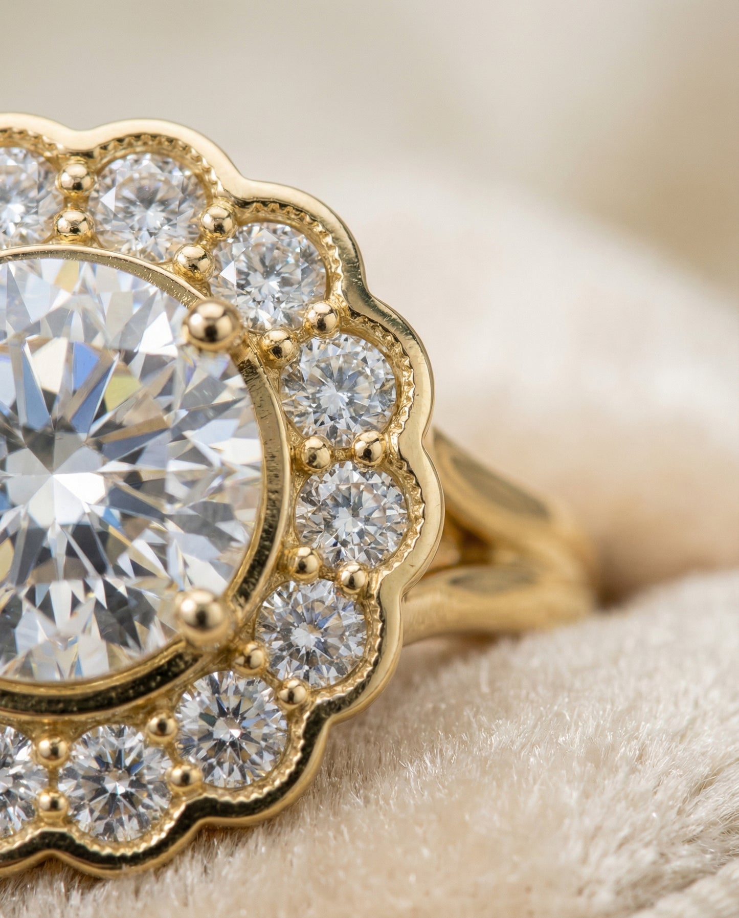 Round Brilliant, Floral Split Shank Halo, in 18K Yellow Gold, prong setting – detail view | RockHer