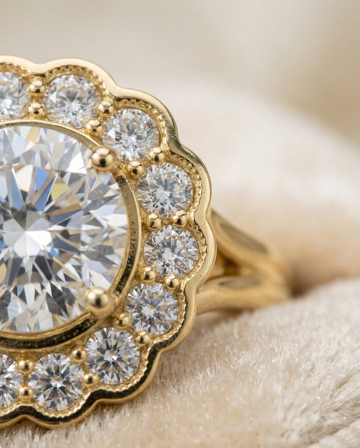 The Nera Select Pavé Halo Split Shank Solitaire Engagement Ring with Lab Diamond in 14K Yellow Gold — view 4