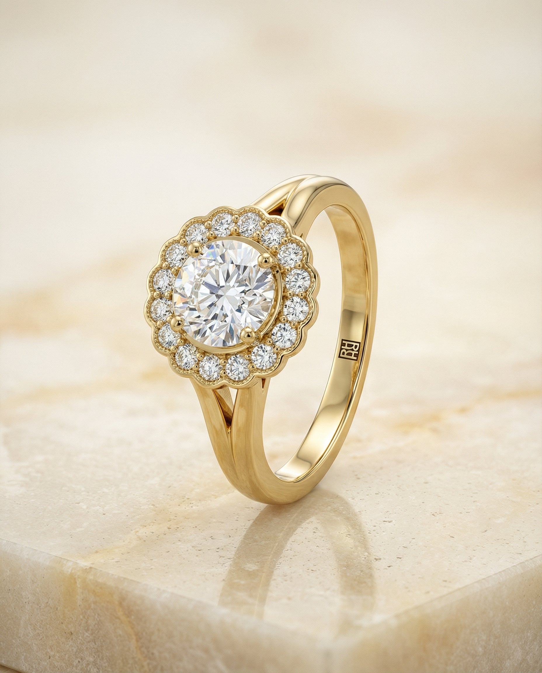 Select Floral Split Shank Halo styling on The Nera round engagement ring setting | RockHer