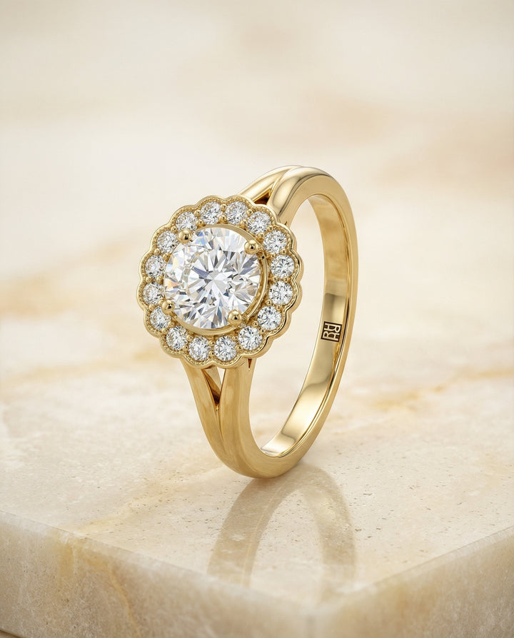 The Nera Select Pavé Halo Split Shank Solitaire Engagement Ring with Lab Diamond in 14K Yellow Gold — view 2
