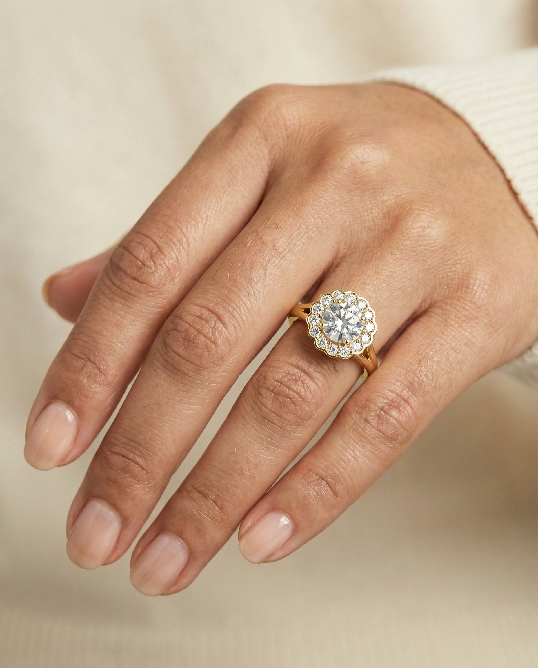 The Nera engagement ring setting in 18K Yellow Gold, floral split shank halo design | RockHer