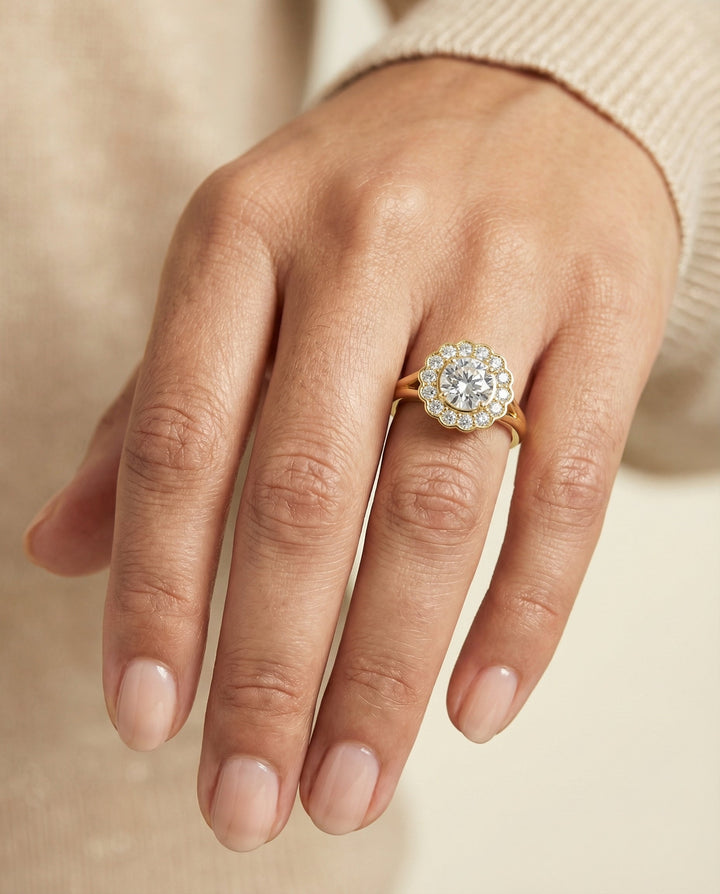The Nera Select Pavé Halo Split Shank Solitaire Engagement Ring with Lab Diamond in 14K Yellow Gold — view 5