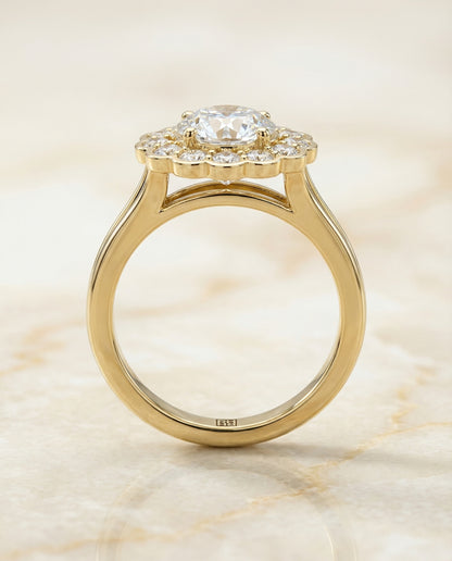 Round Brilliant, Floral Split Shank Halo, in 18K Yellow Gold, prong setting – side profile | RockHer