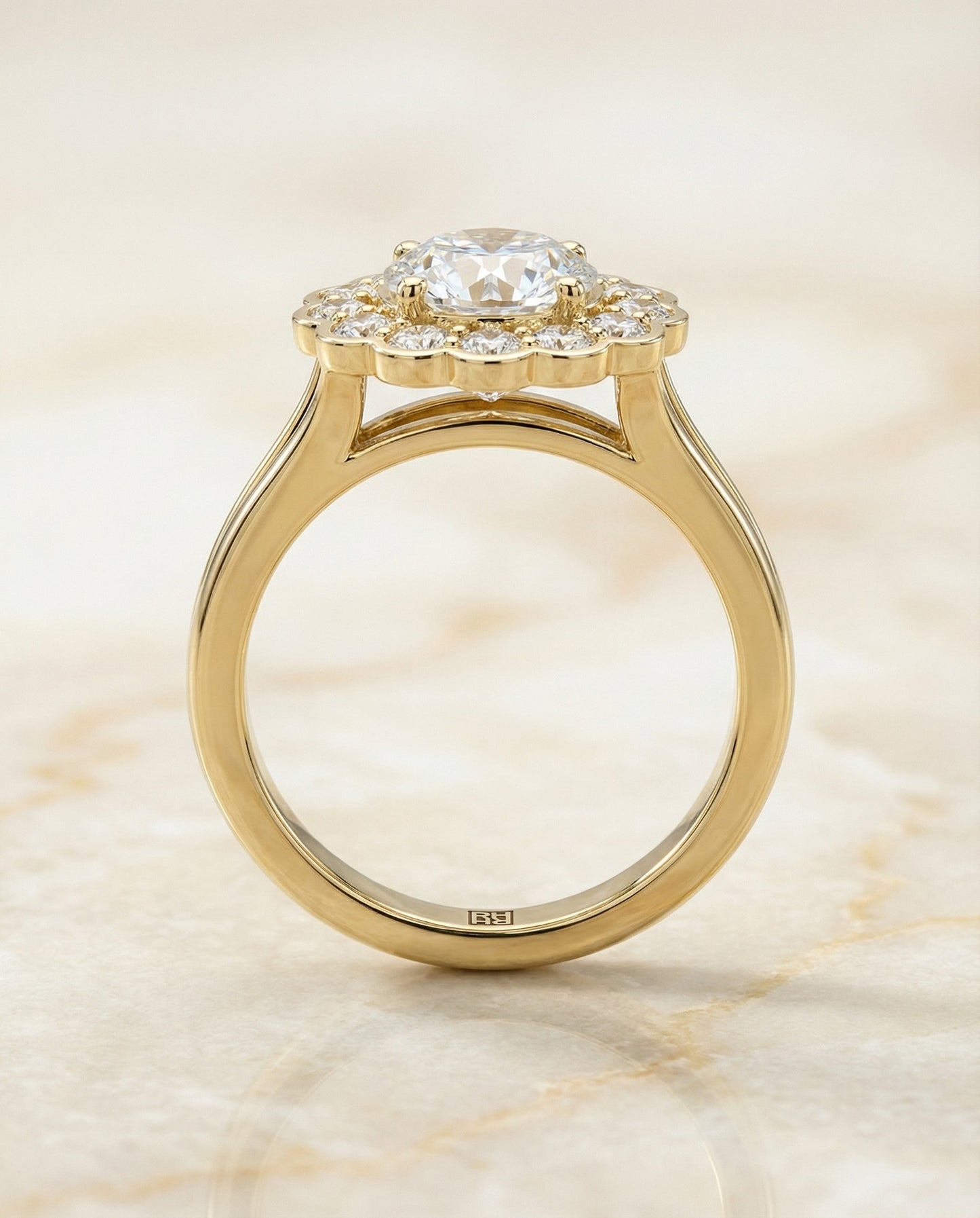 The Nera Select Pavé Halo Split Shank Solitaire Engagement Ring with Lab Diamond in 14K Yellow Gold — view 1