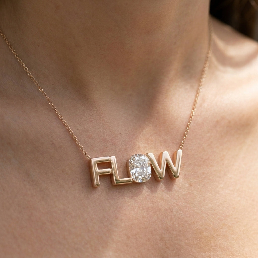 FLOW lab-grown diamond necklace in 14K Rose Gold, worn on neck