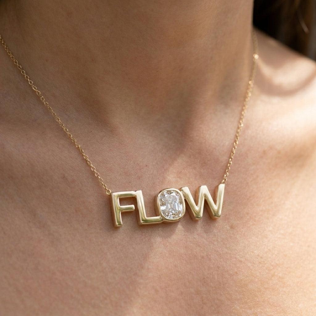 FLOW lab-grown diamond necklace in 14K Yellow Gold, worn on neck