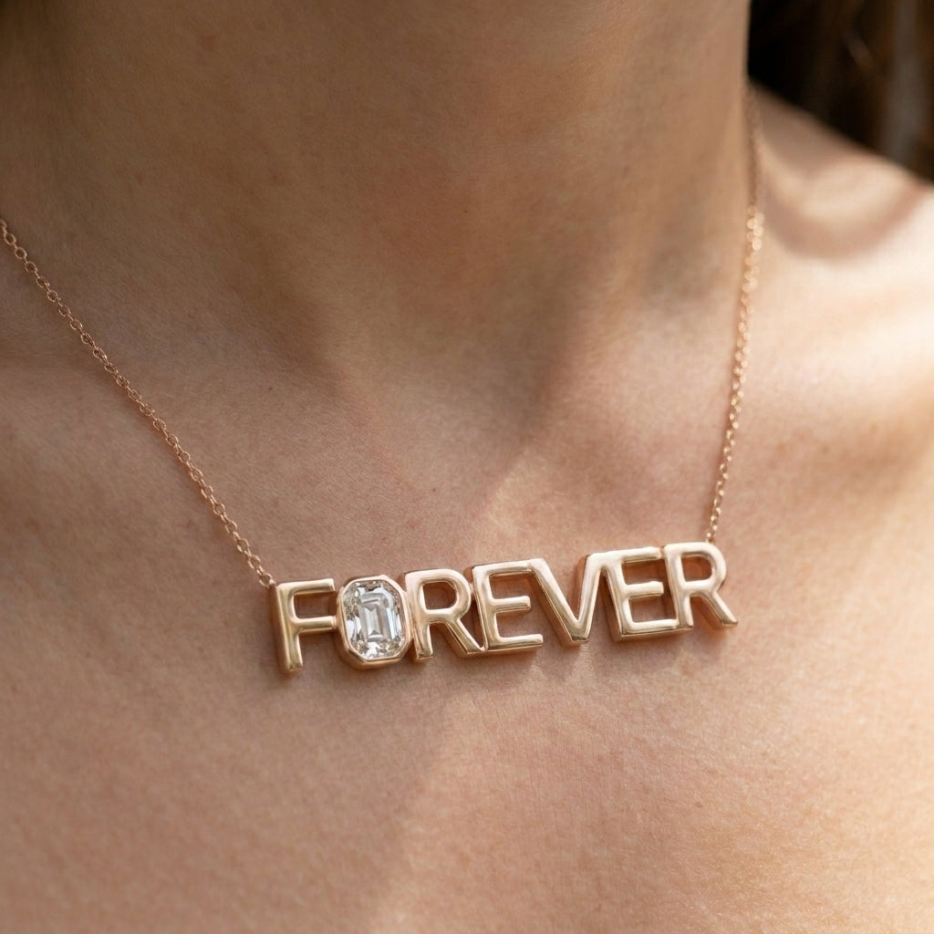 FOREVER lab-grown diamond necklace in 14K Rose Gold, worn on neck