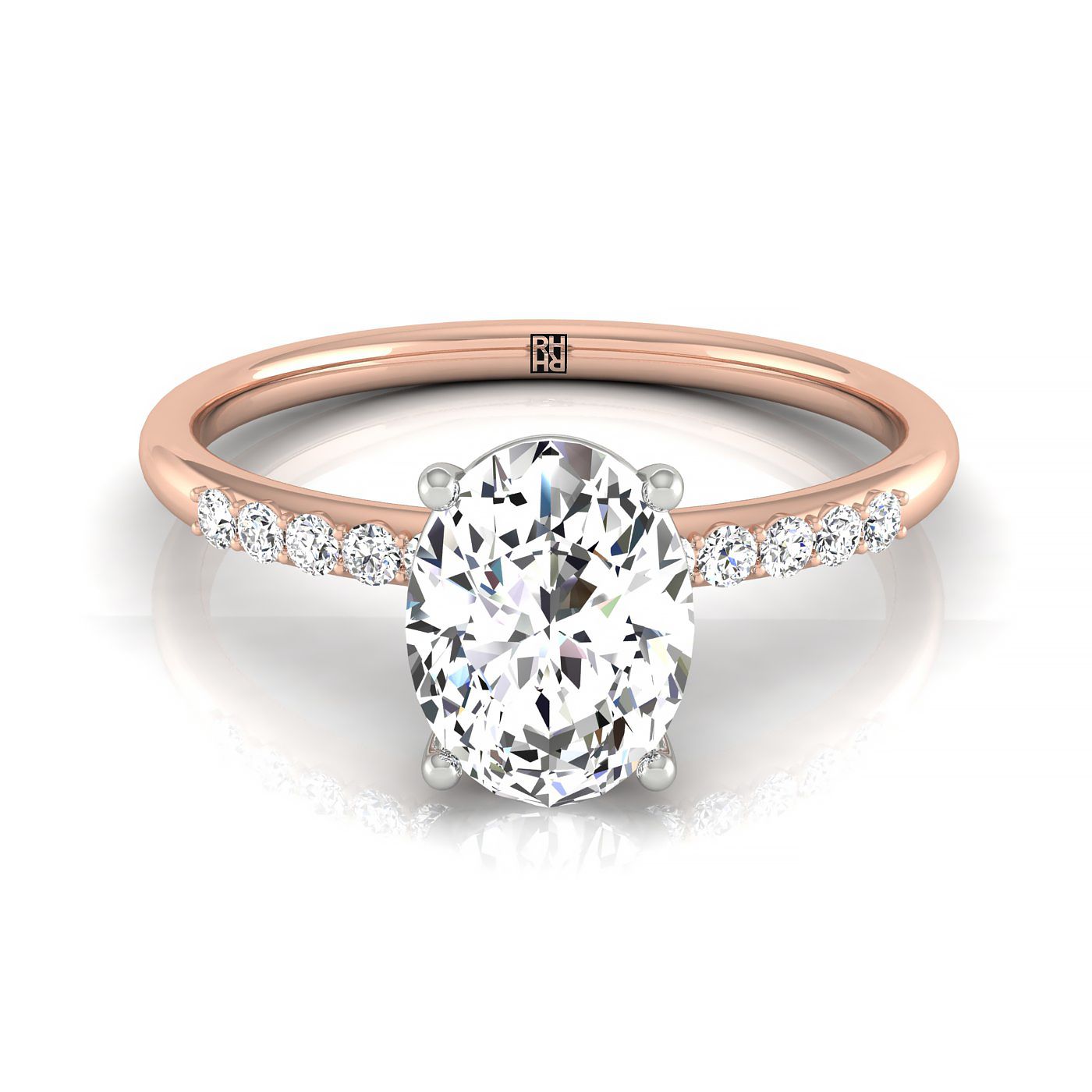 Cherie Select Hidden Halo Pavé Solitaire Oval Lab Diamond Engagement Ring in 14K Rose Gold, front view | RockHer