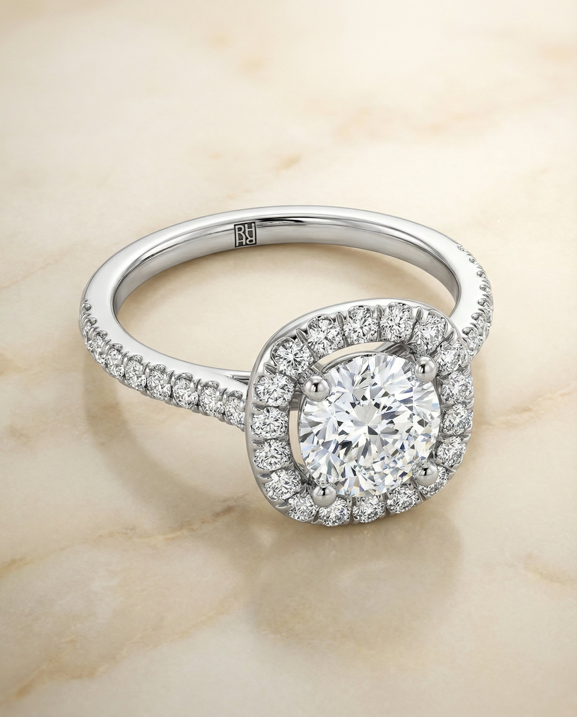 French Pavé Halo Frame Cut styling on The Hymn cushion engagement ring setting | RockHer