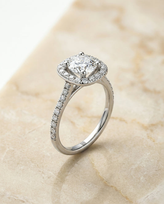 French Pavé Halo Frame Cushion Engagement Ring Setting in 14K White Gold