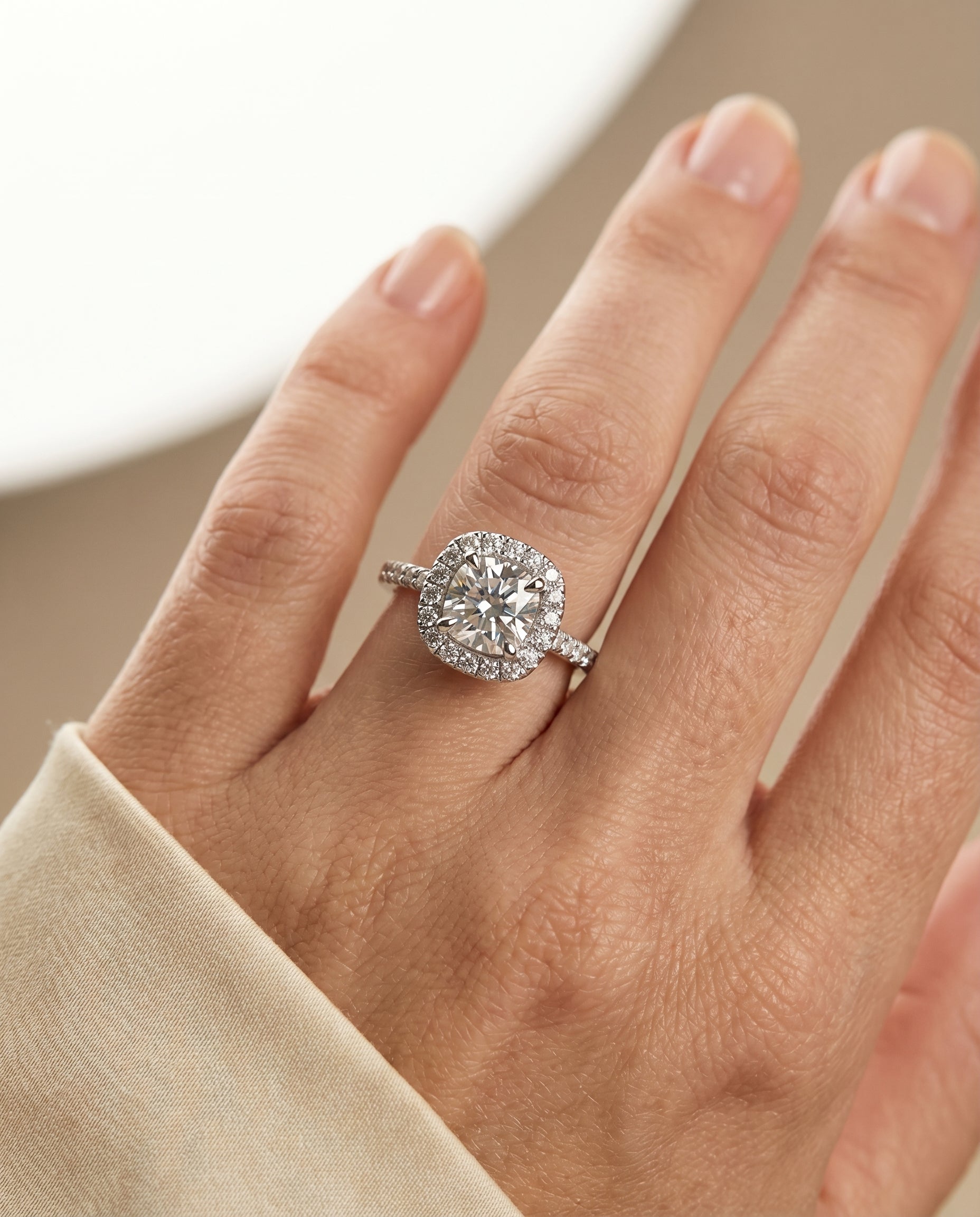 The Hymn french pavé halo frame cut engagement ring setting, shown in Platinum | RockHer