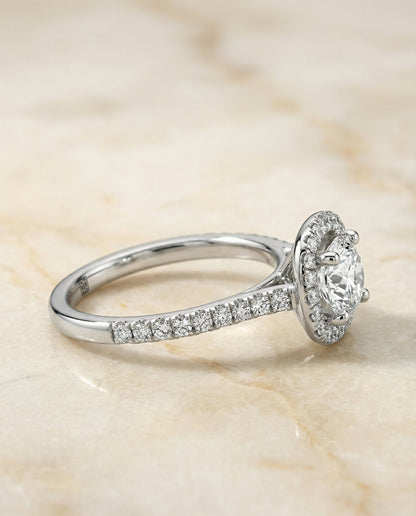 Hymn Select French Pavé Halo Frame Cu Cushion Cut Lab Diamond Engagement Ring in Platinum, side view | RockHer