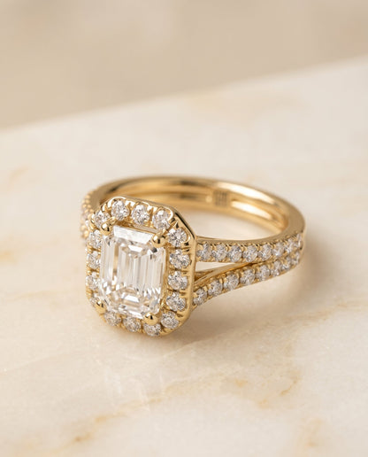 Lira Select French Pavé Split Shank Halo Ec Emerald Cut Lab Diamond Engagement Ring in 18K Yellow Gold, alternate angle | RockHer