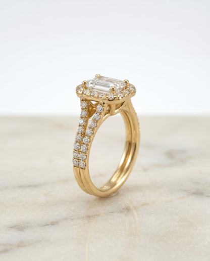 The Lira Select Pavé Halo Split Shank Engagement Ring with Lab Diamond in 14K Yellow Gold — view 2