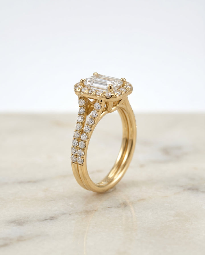 The Lira Select Pavé Halo Split Shank Engagement Ring with Lab Diamond in 14K Yellow Gold — view 2