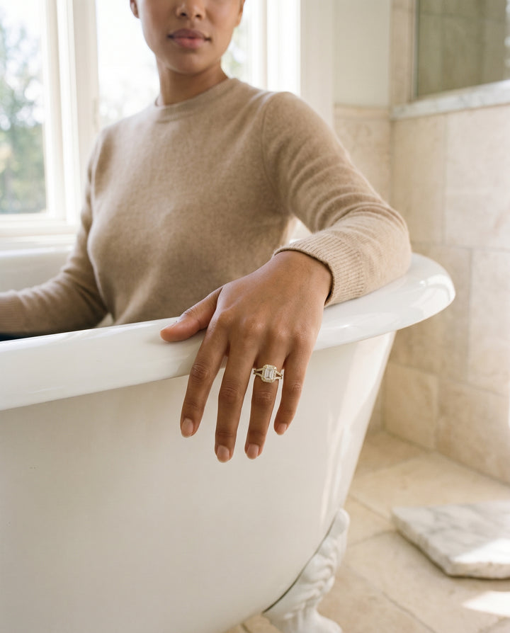 European Cut, French Pavé Split Shank Halo Emerald, in 18K Yellow Gold, pave setting – lifestyle shot | RockHer