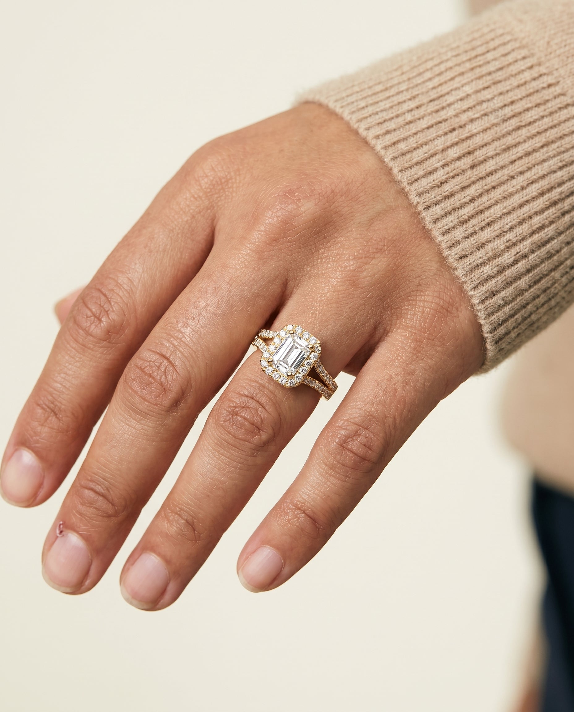 The Lira engagement ring setting in 18K Yellow Gold, french pavé split shank halo cut design | RockHer