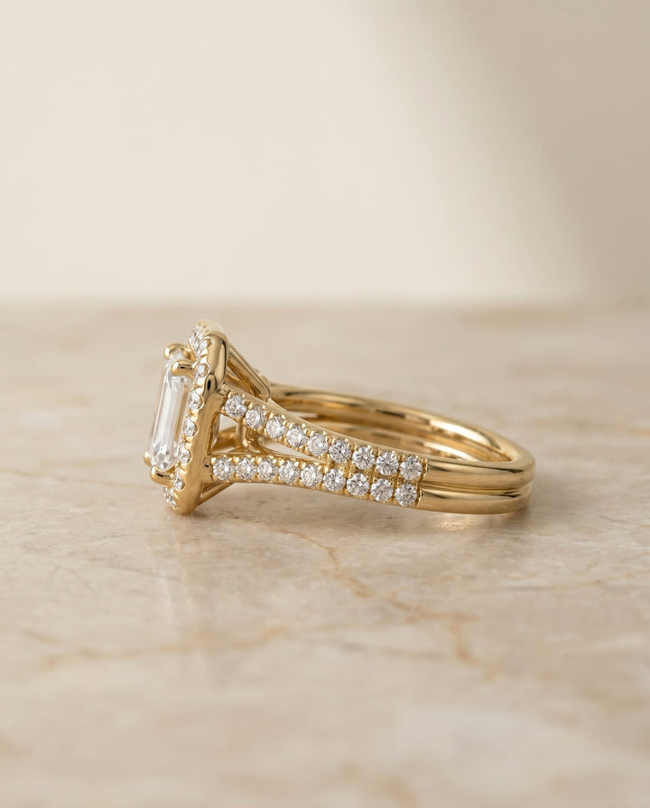 The Lira Select Pavé Halo Split Shank Engagement Ring with Lab Diamond in 14K Yellow Gold — view 6