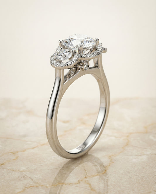 French Pavé Three Stone Engagement Ring Setting in 14K White Gold