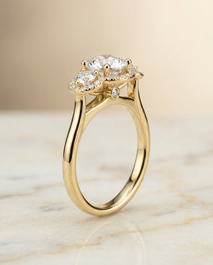 Anna Select Three Stone Halo Round Lab Diamond Engagement Ring in 14K Yellow Gold, front view | RockHer