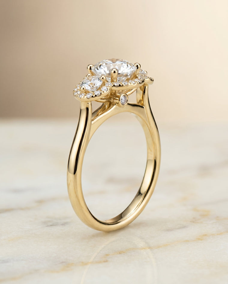 The Anna Select Three Stone Halo Round Lab Diamond Engagement Ring in 18K Yellow Gold