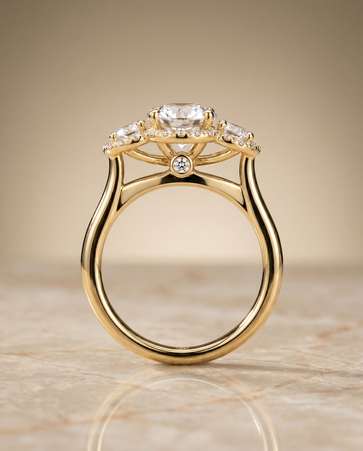 Round Brilliant, French Pavé Three Stone, in 18K Yellow Gold, prong setting – side profile | RockHer