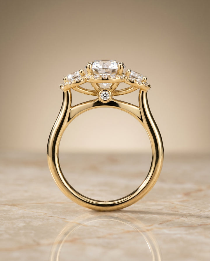 Round Brilliant, French Pavé Three Stone, in 18K Yellow Gold, prong setting – side profile | RockHer