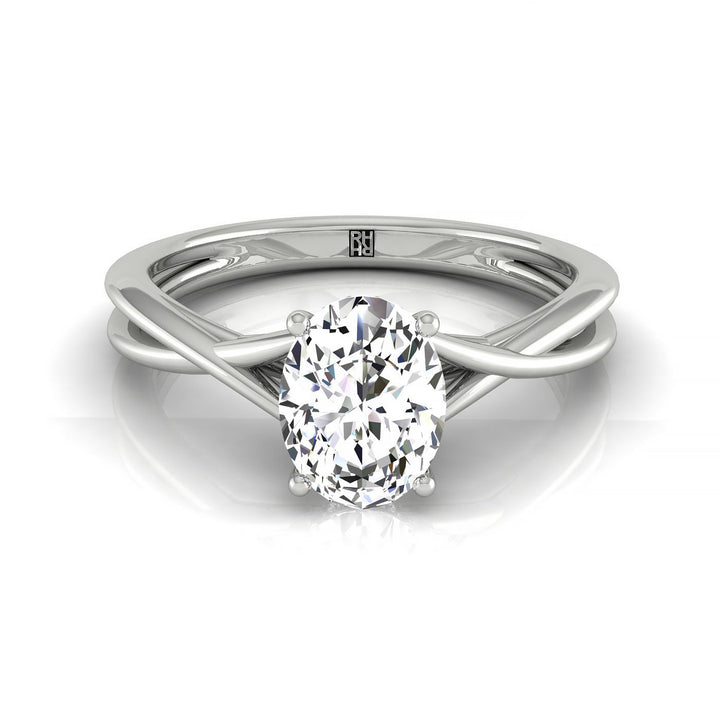 Grace Select Twisted Shank Hidden Halo Solitaire Oval Lab Diamond Engagement Ring in 18K White Gold, front view | RockHer