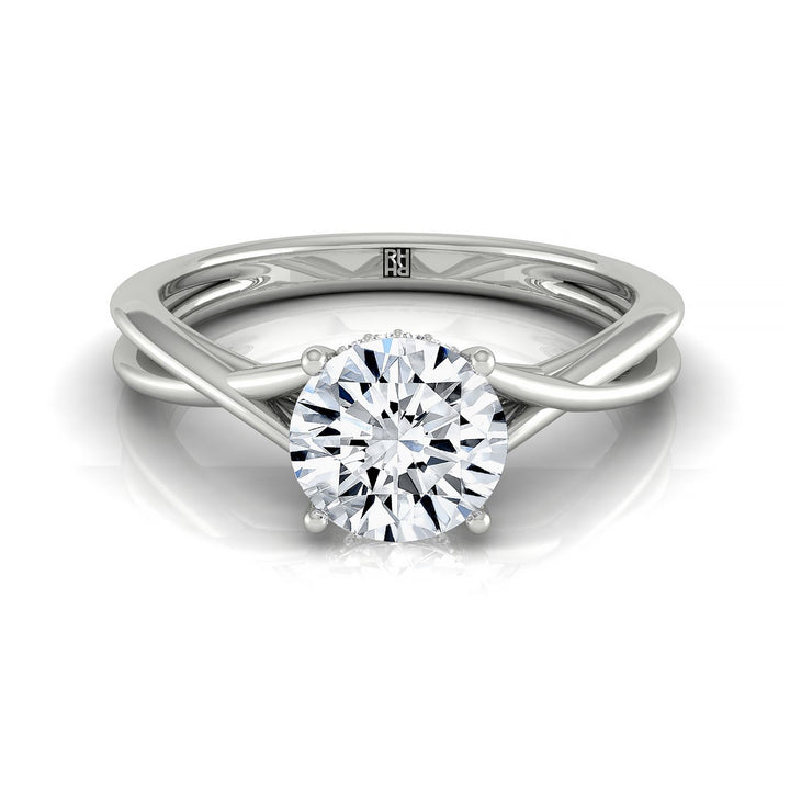Grace Select Twisted Shank Hidden Halo Solitaire Round Lab Diamond Engagement Ring in 18K White Gold, front view | RockHer