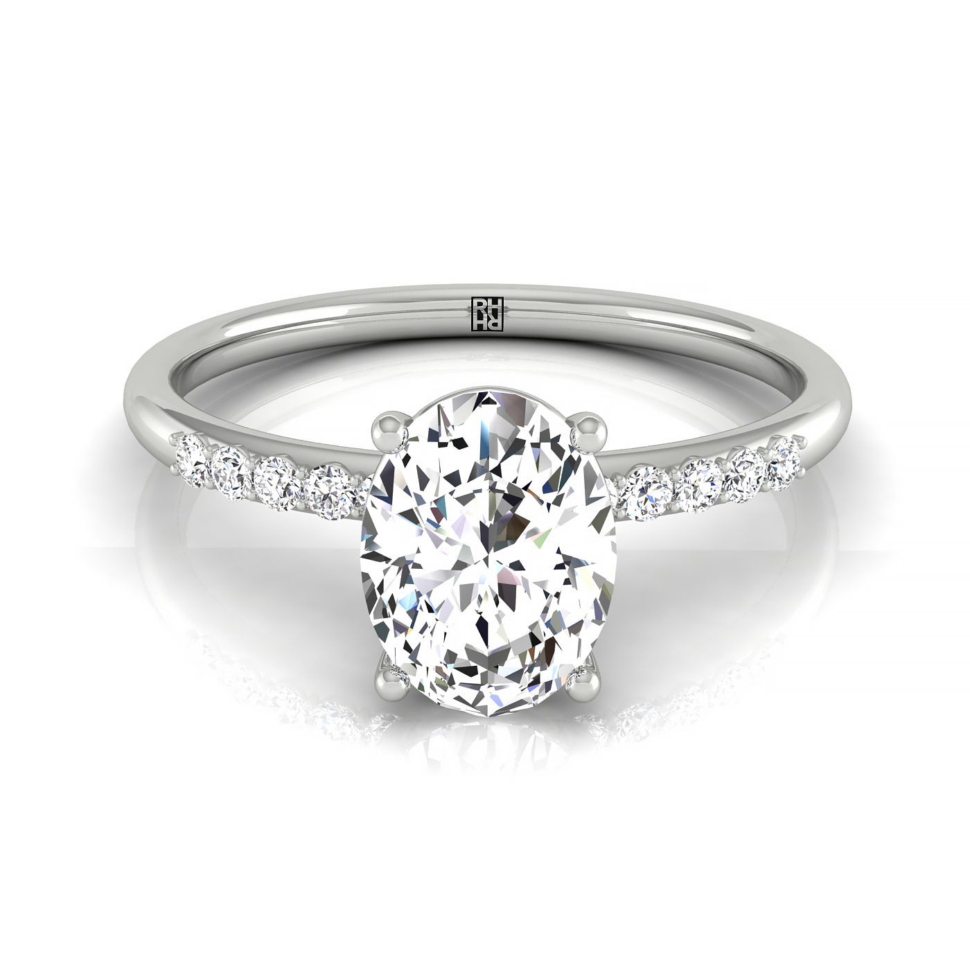 The Cherie oval setting in 18K White Gold, a select hidden halo pavé solitaire design from RockHer