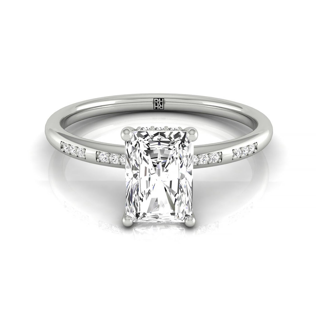 Wanda Select Hidden Halo Pavé Solitaire Radiant Cut Lab Diamond Engagement Ring in Platinum, front view | RockHer