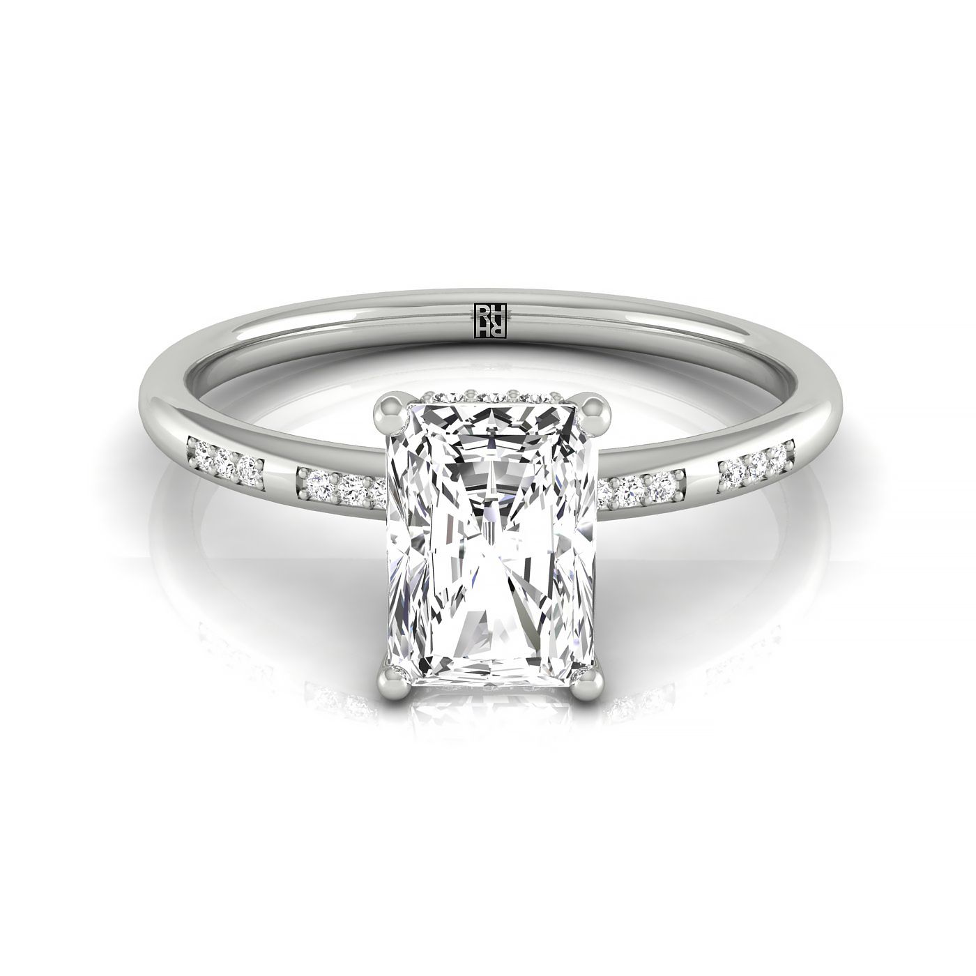 Wanda Select Hidden Halo Pavé Solitaire Radiant Cut Lab Diamond Engagement Ring in 18K White Gold, front view | RockHer