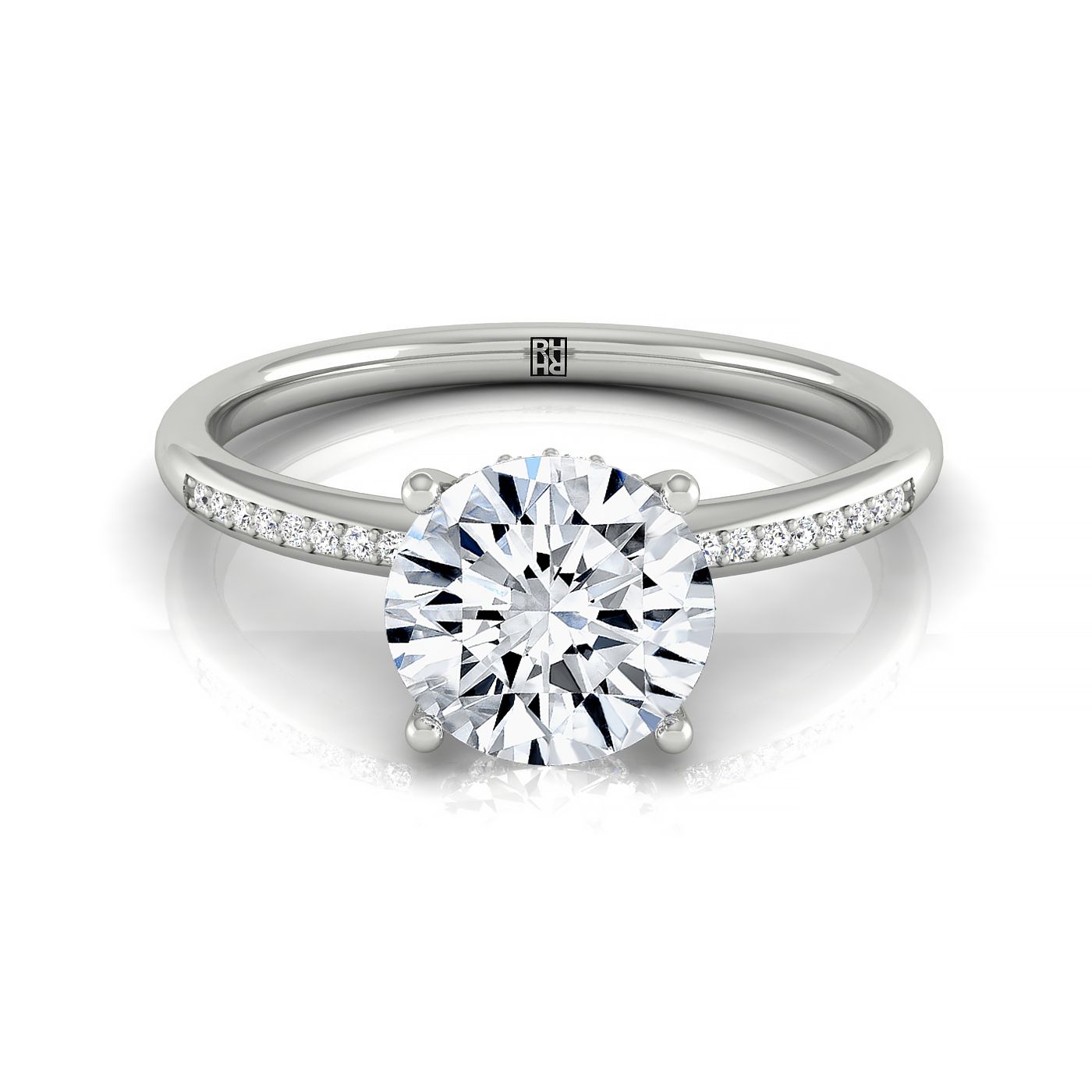 The Brenda round setting in Platinum, a select high hidden halo solitaire design from RockHer