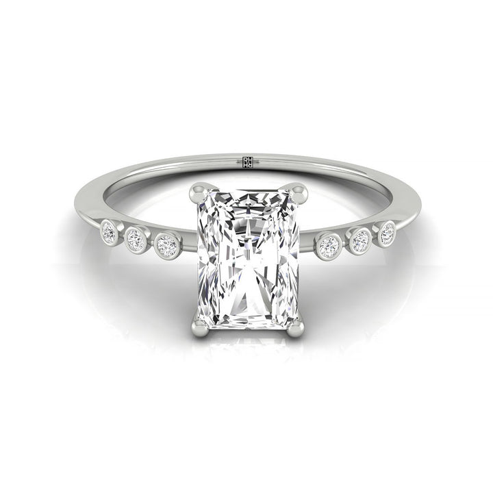 Peggy Select Bezel Accent Solitaire Radiant Cut Lab Diamond Engagement Ring in 18K White Gold, front view | RockHer
