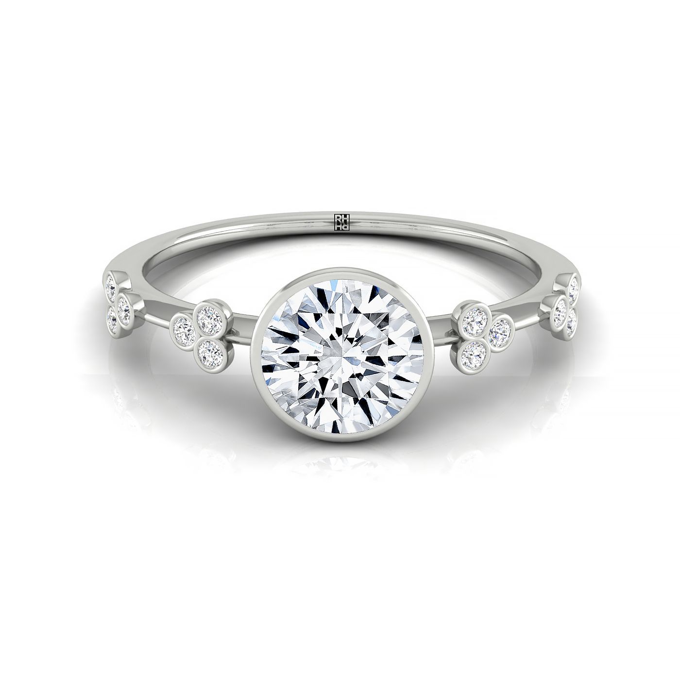 The Miley select clover bezel accent solitaire engagement ring setting, shown in 18K White Gold | RockHer