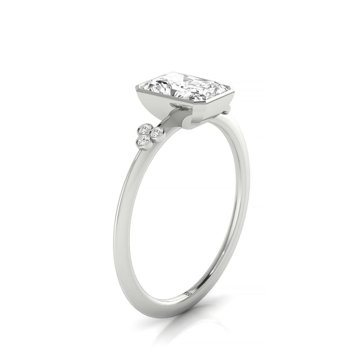 Selena Select Clover Bezel Accent Solitaire Radiant Cut Lab Diamond Engagement Ring in Platinum, side view | RockHer