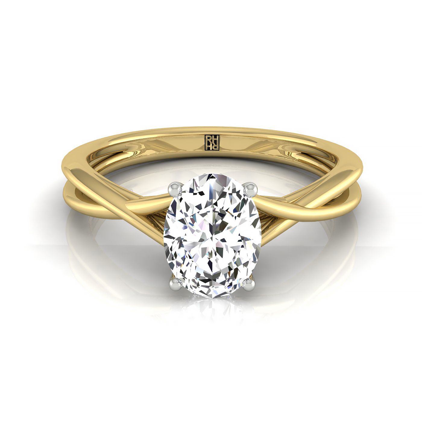 The Grace oval setting in 18K Yellow Gold, a select twisted shank hidden halo solitaire design from RockHer