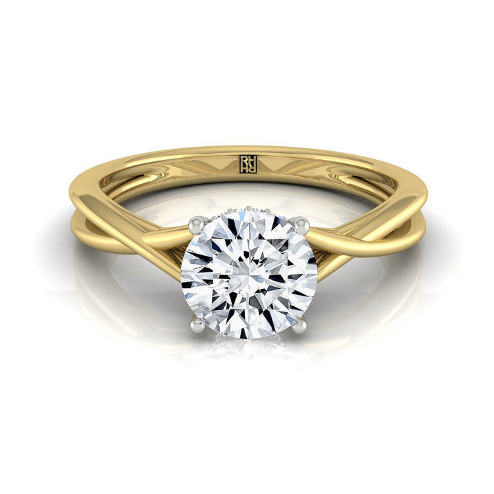 Grace Select Twisted Shank Hidden Halo Solitaire Round Lab Diamond Engagement Ring in 14K Yellow Gold, front view | RockHer