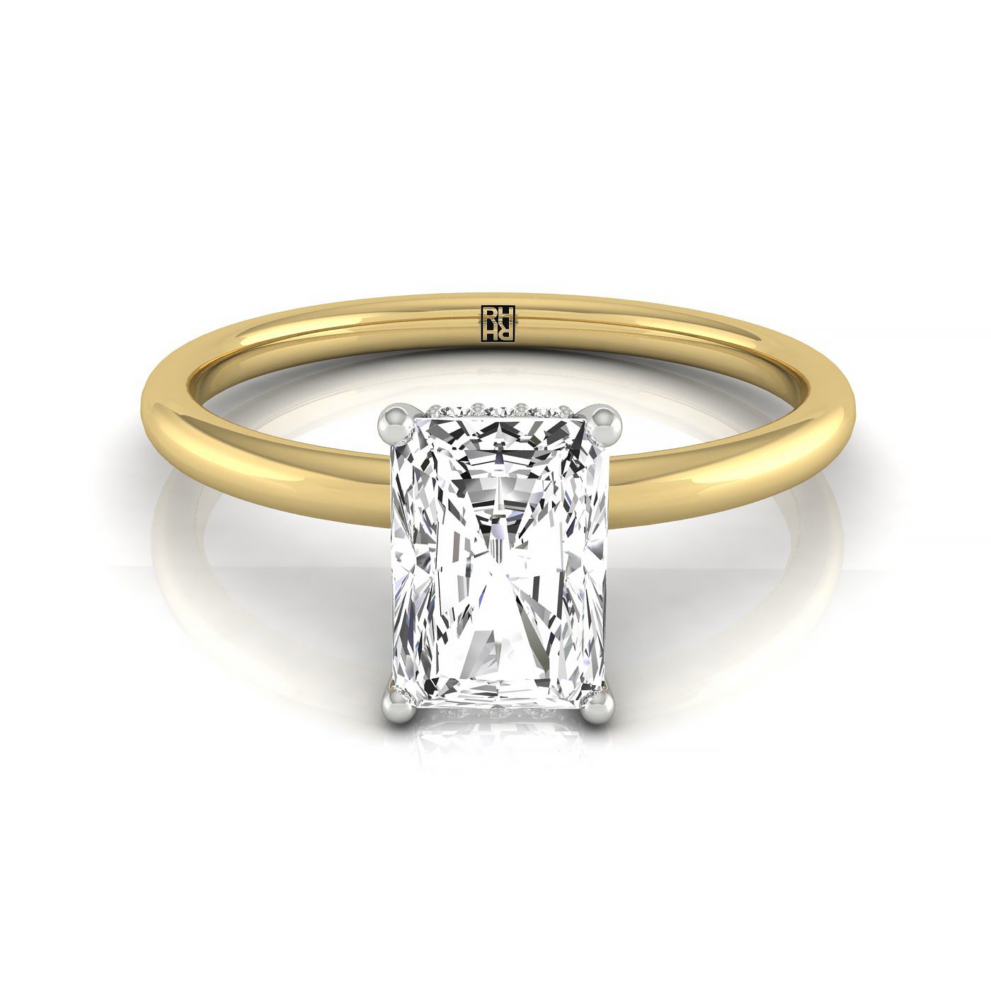 The Dolly select double hidden halo solitaire cut engagement ring setting, shown in 18K Yellow Gold | RockHer