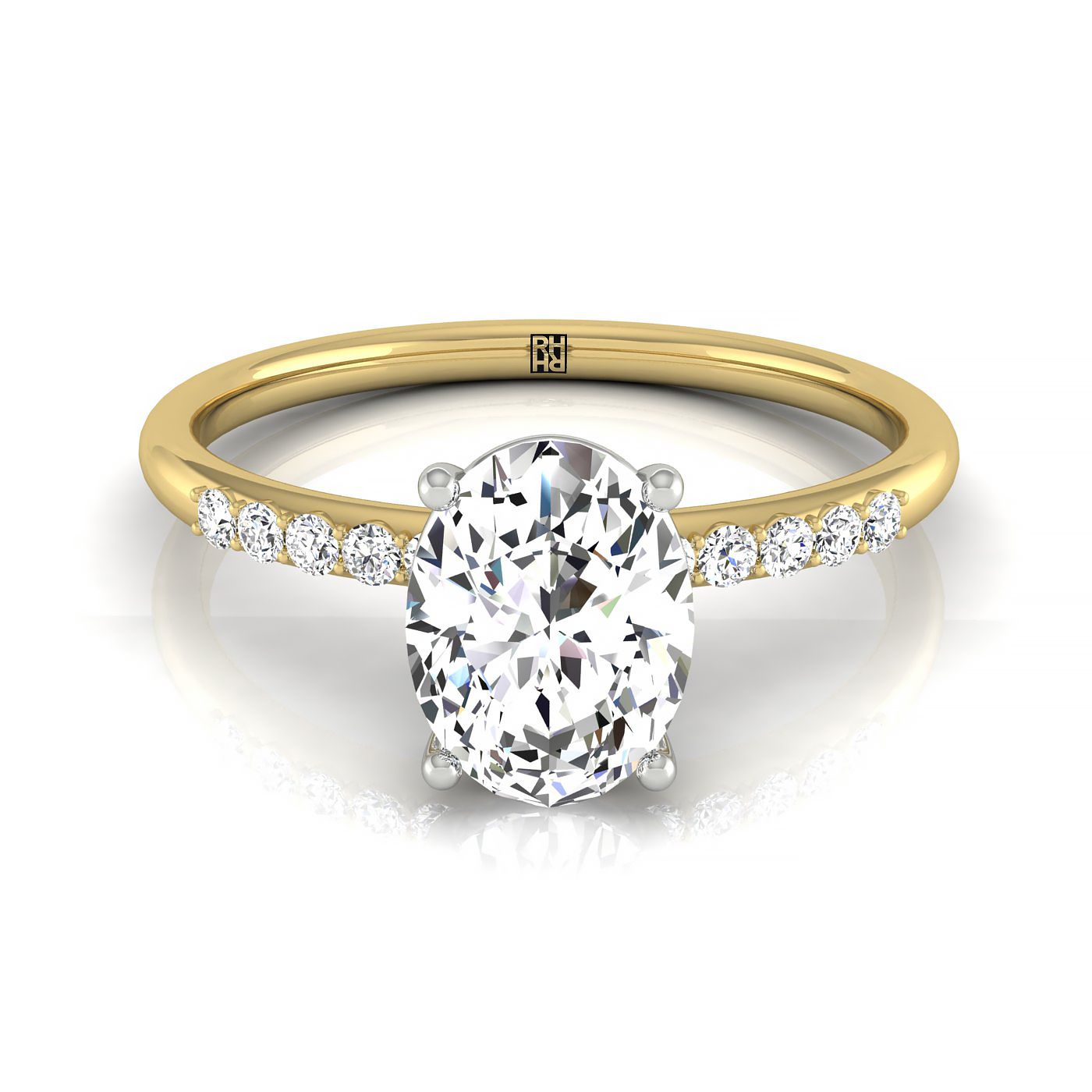 The Cherie oval setting in 18K Yellow Gold, a select hidden halo pavé solitaire design from RockHer