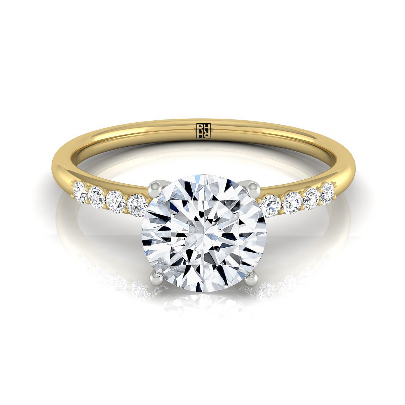 The Cherie round setting in 18K Yellow Gold, a select hidden halo pavé solitaire design from RockHer
