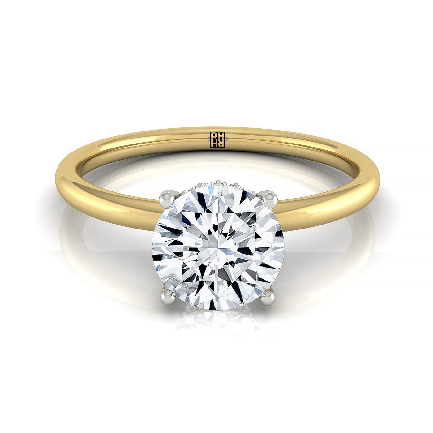 The Eartha round setting in 18K Yellow Gold, a select upper hidden halo solitaire design from RockHer