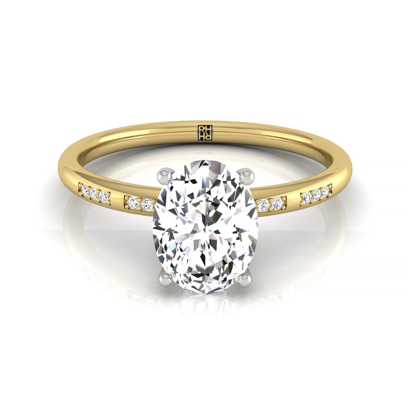 The Wanda oval setting in 18K Yellow Gold, a select hidden halo pavé solitaire design from RockHer