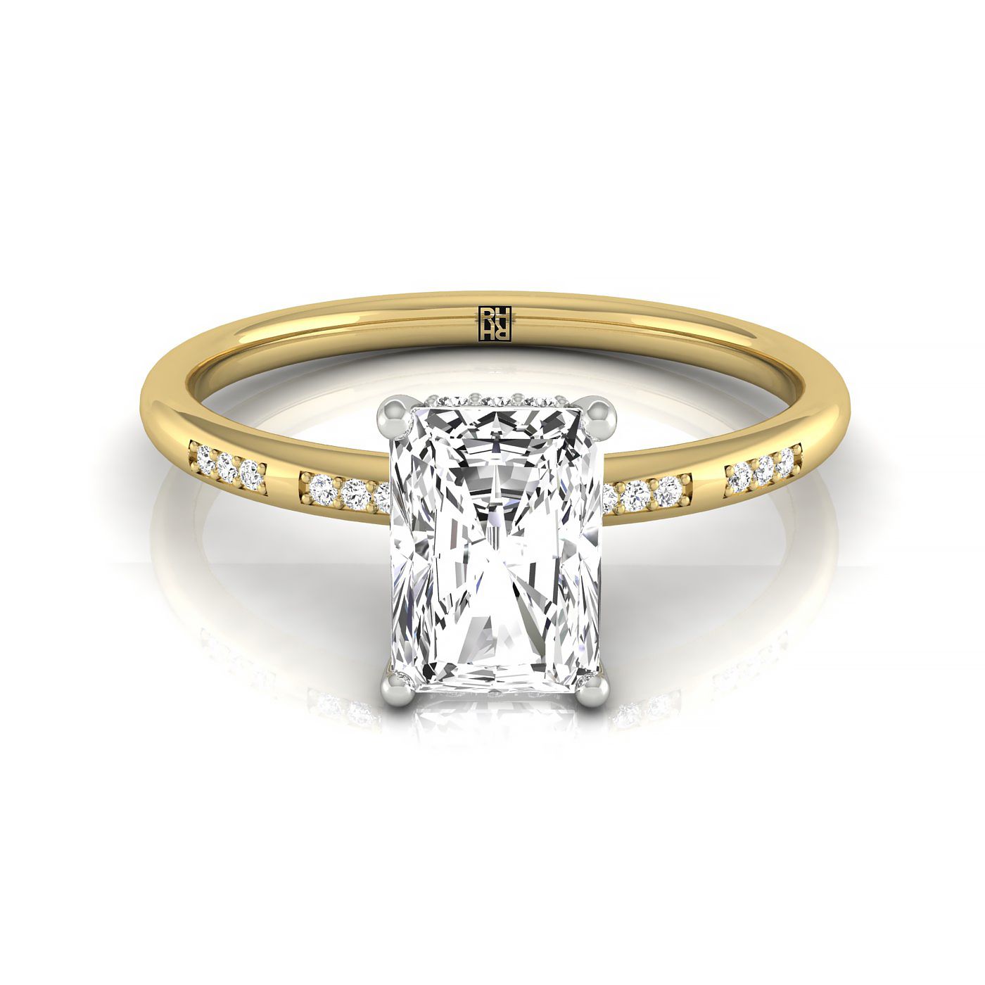 Wanda Select Hidden Halo Pavé Solitaire Radiant Cut Lab Diamond Engagement Ring in 18K Yellow Gold, front view | RockHer