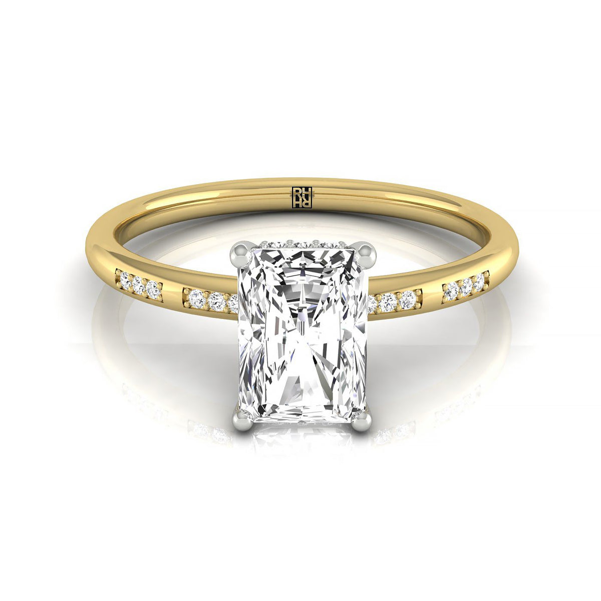 The Wanda select hidden halo pavé solitaire cut engagement ring setting, shown in 18K Yellow Gold | RockHer